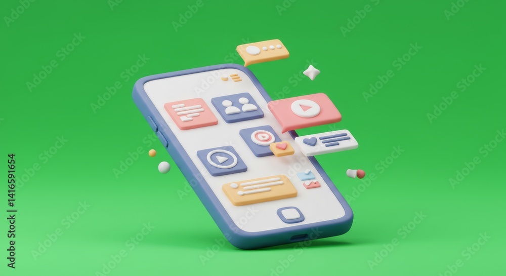 Poster smartphone with social media app icons floating above on green background digital communication and 