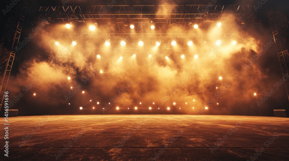 Poster a dynamic stage setup radiating warmth and anticipation with its intense lighting creating atmospher