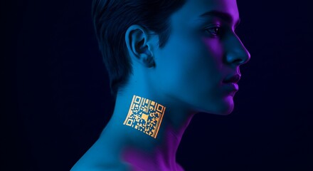 Woman's Neck with Neon QR Code, Stylish Digital Art