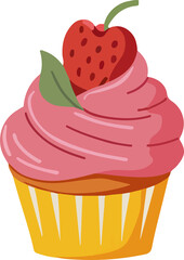 A delightful illustration of a cupcake with pink frosting and a heart-shaped strawberry on top, with a green leaf. Sweet and charming treat.