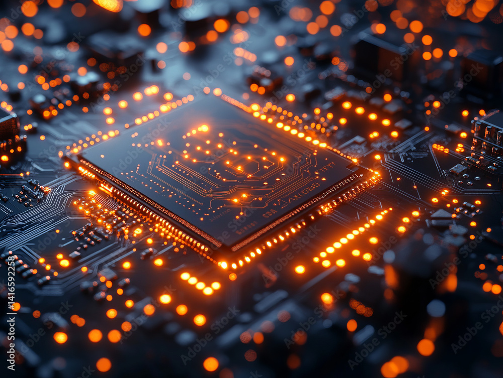Poster Quantum computing processor with glowing circuits and intricate design