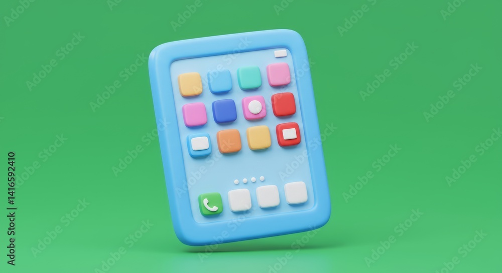 Poster stylized 3d rendering of a blue tablet device showcasing colorful app icons on a green background pr