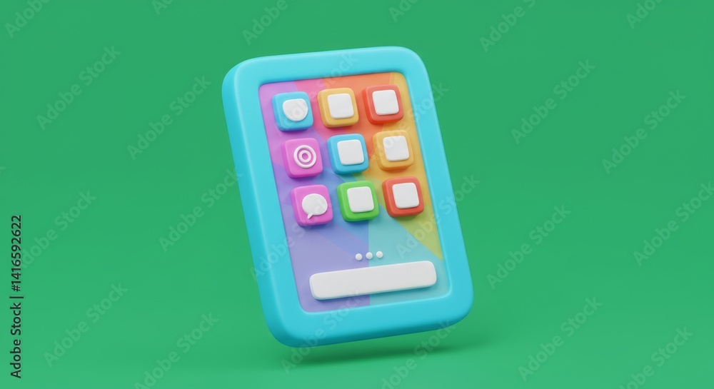 Poster stylized 3d rendering of modern smartphone with colorful app icons displayed on a green background