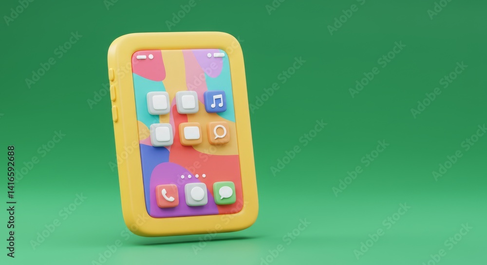 Poster stylized smartphone with colorful display and app icons on a green background, a modern mobile devic