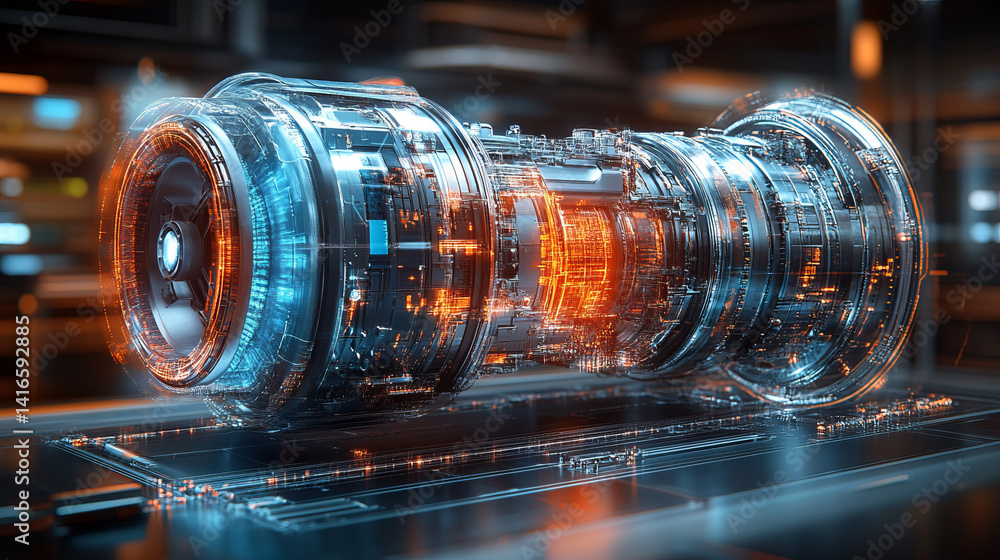 Poster futuristic engine design with glowing elements and intricate details