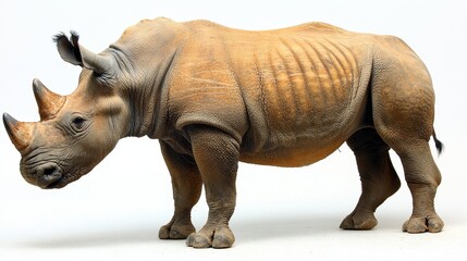 Fototapeta premium Magnificent rhinoceros showcasing its imposing stature against a stark white backdrop highlighting its powerful build and unique horn features