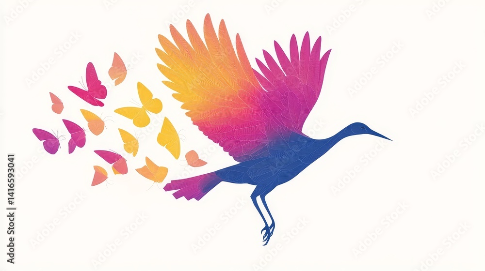Poster digital artwork presenting a crane in flight with butterflies emerging symbolizes transformation and