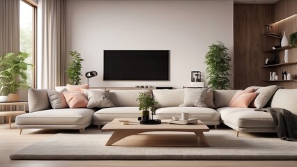 An overhead view of a modern living room featuring a light gray sofa and an orange couch