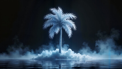 Isolated palm tree surrounded by mist on tranquil water surreal beauty
