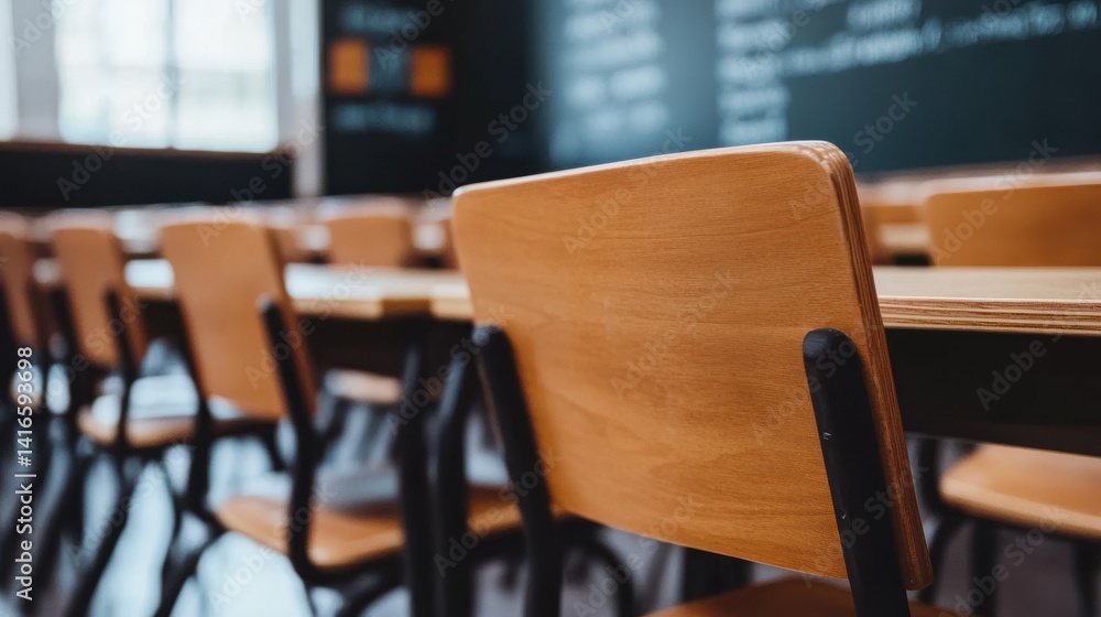 Aufkleber an inviting image showcasing an empty classroom filled with rows of wooden desks and chairs awaiting