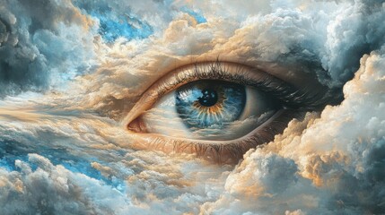 Surreal Reflection: Dreamy Eye Amidst Fluffy Clouds in a Skyward Gaze