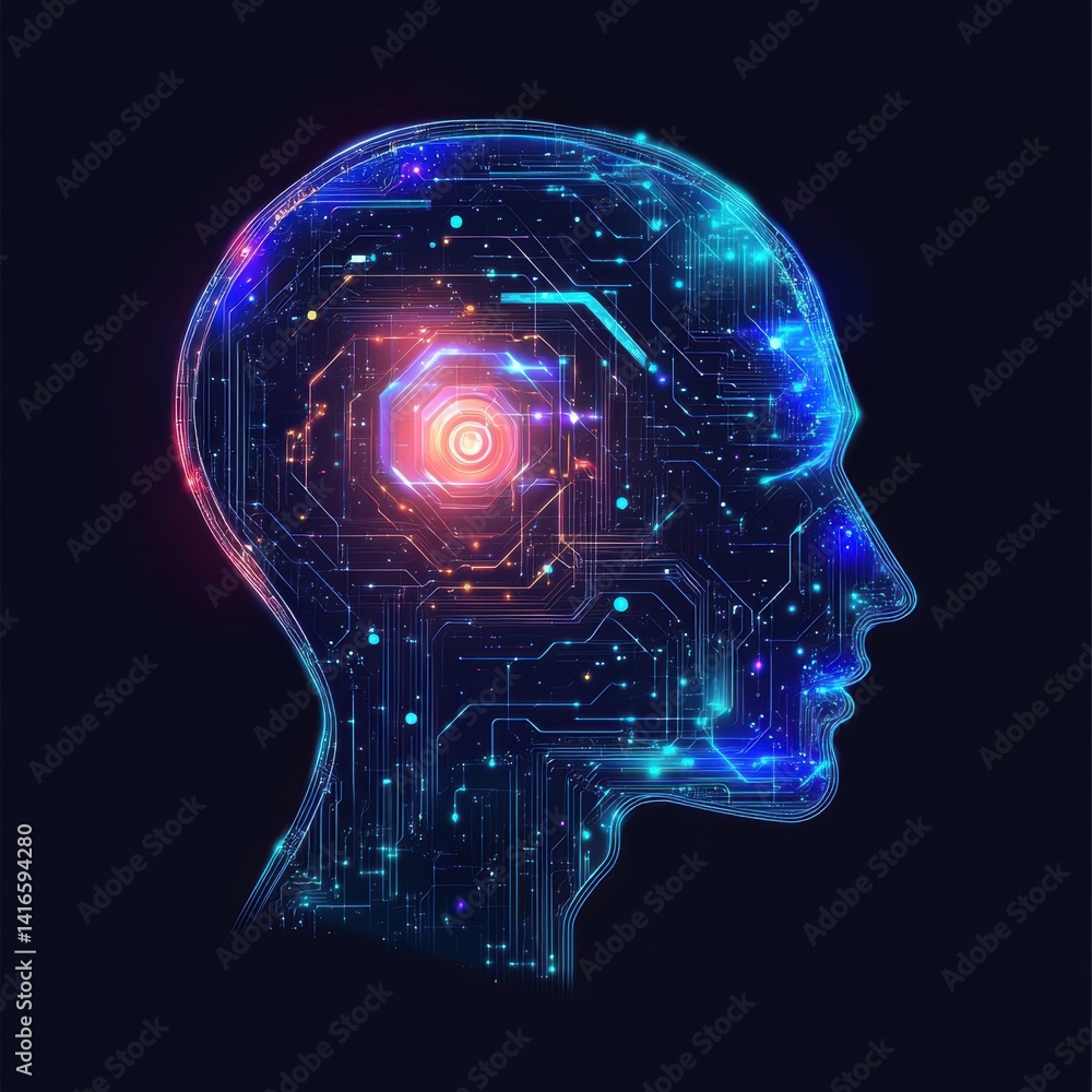 Poster glowing digital brain: futuristic head silhouette with circuit board patterns and neural network con