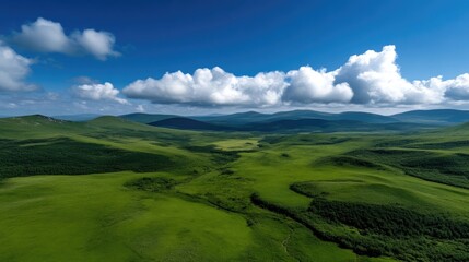 Vast green meadows and rolling hills under a vibrant blue sky