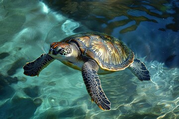 Fototapeta premium A friendly sea turtle floating gently in the water, its shell glimmering in the sunlight