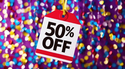 A vibrant tag displaying 50 percent off hangs against a backdrop of colorful confetti, enhancing the festive shopping spirit