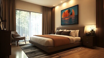 Fototapeta premium Serene Bedroom Interior Design with Tropical Sunset Artwork