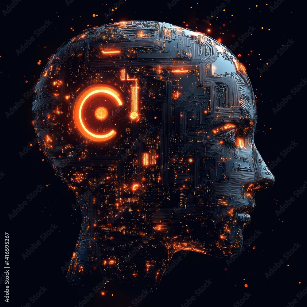 Poster futuristic artificial intelligence head with glowing circuitry and abstract tech design