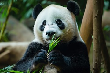 Obraz premium A gentle giant panda sitting contently, holding a bamboo shoot in its paws
