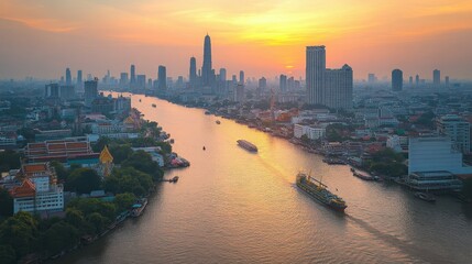 Fototapeta premium The Chao Phraya River in Bangkok, Thailand, hosts an oil refinery.