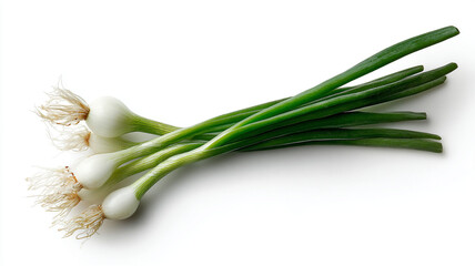 Fresh spring onions with green stalks on white background
