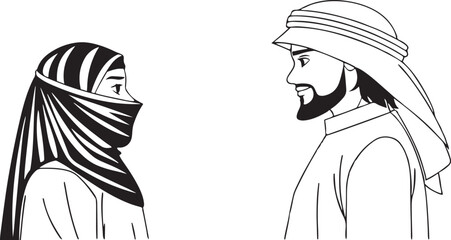Arabic muslim man and woman linear icons. Saudi arab faceless people avatar. line silhouette. Traditional уastern arab couple. Outline flat style. Vector illustration