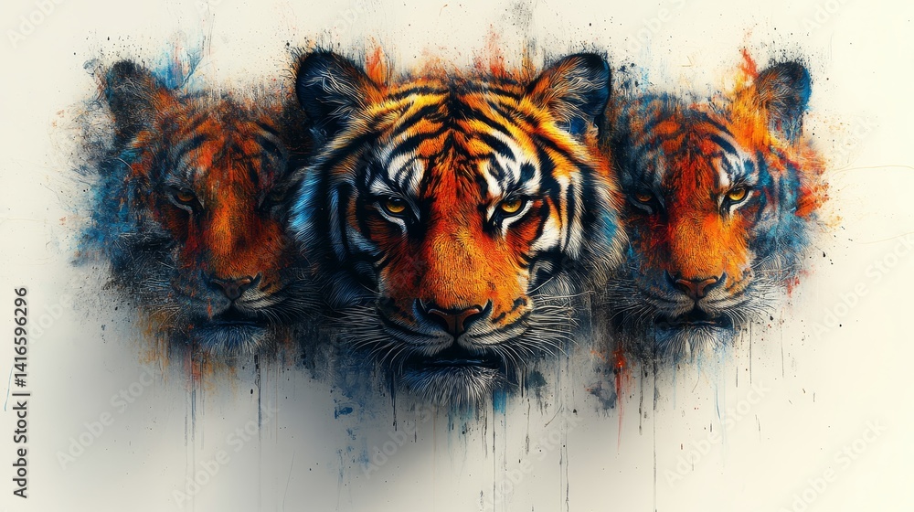 Poster abstract tiger composition blending fierce animal portraits with artistic splatter effects creating 