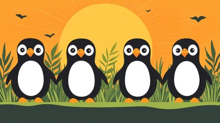 Fototapeta premium Pixelated penguin gathering illustration on a grassy knoll with an orange sunset backdrop and silhouetted birds flying above in a stylized graphic art style