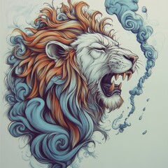 Roaring Lion Portrait with Blue and Orange Clouds