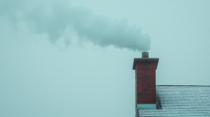 Smoke billows from chimney on a snowy morning in a quaint village during winter