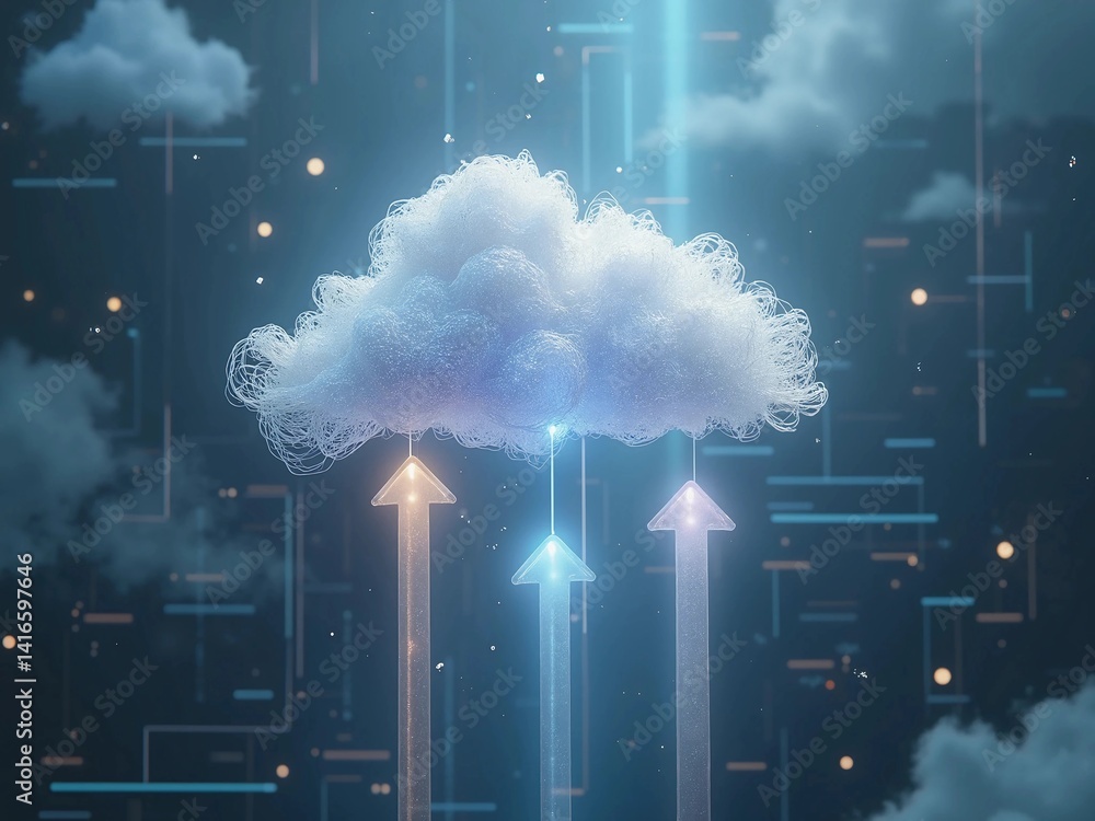 Poster cloud computing concept with shiny arrow upload symbol. cloud storage technology