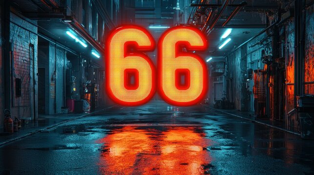 Glowing number 66 in a dark alleyway
