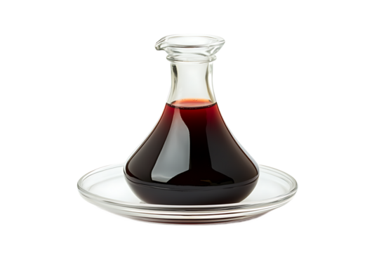 A clear glass decanter filled with a dark red liquid sitting on a clear glass saucer on a white background