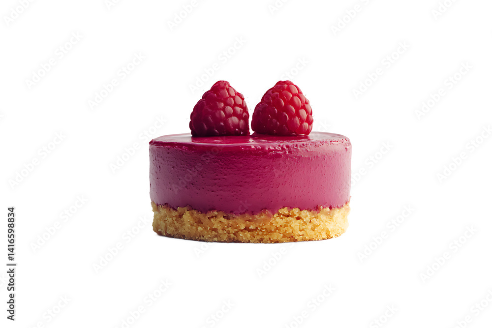 Poster a small round raspberry mousse cake with a graham cracker crust and two raspberries on top isolated