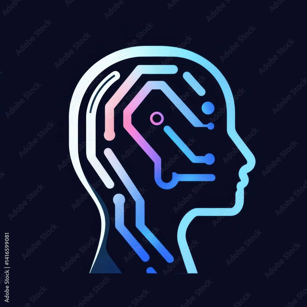 Aufkleber abstract ai concept: head silhouette with circuit board pattern in neon gradients