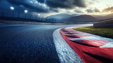 A lonely racetrack curve lit by overhead spotlights, with dark clouds looming