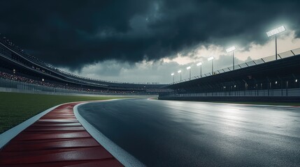 Fototapeta premium A lonely racetrack curve lit by overhead spotlights, with dark clouds looming