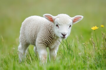 Obraz premium A gentle lamb nibbling grass in a peaceful meadow, its soft wool contrasting with the green surroundings.