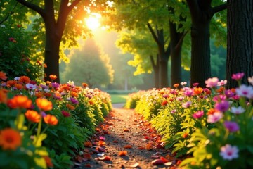 Sun-dappled path, vibrant blooms, golden morning light, leaves, spring, summer