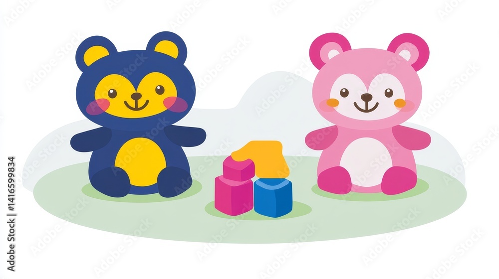Poster pixelated playground adventures featuring playful bear characters with colorful building blocks fost
