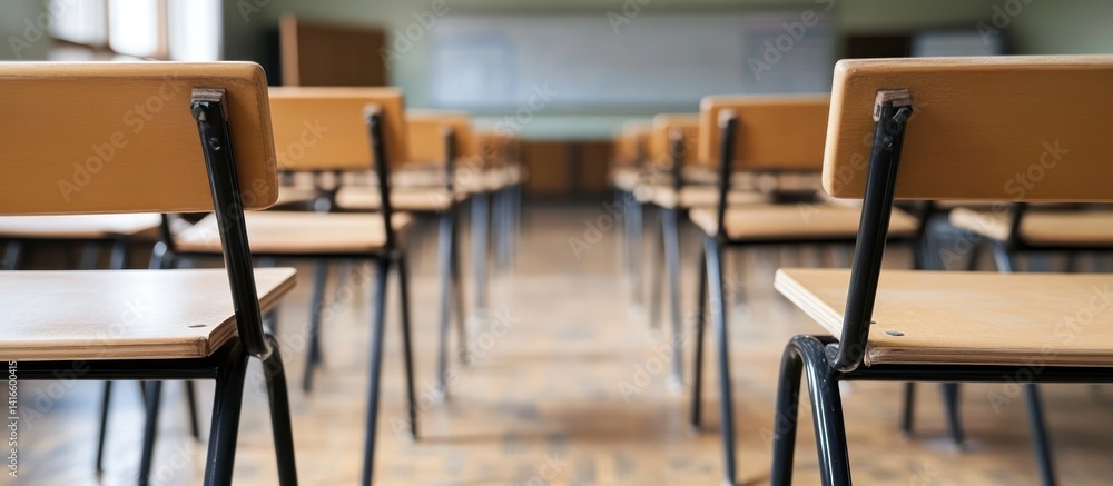 Aufkleber empty classroom illustrating the concept of back to school and education with rows of chairs facing 