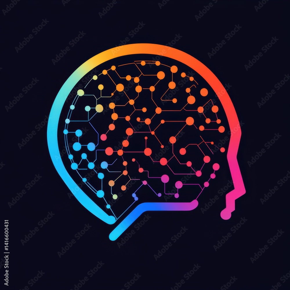 Poster gradient human head with artificial intelligence network connections on dark background