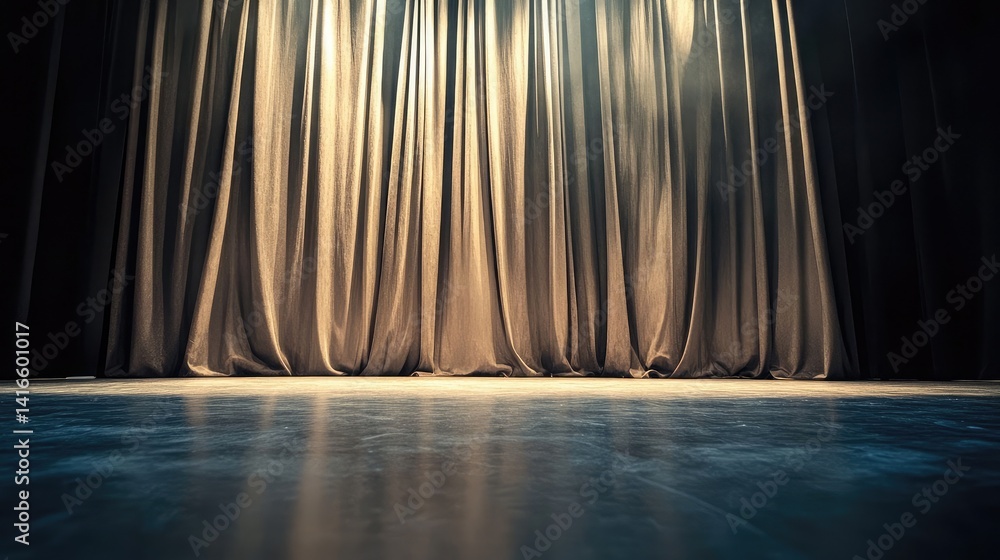 Poster empty stage with taupe curtains, dramatic lighting creating a soft gradient