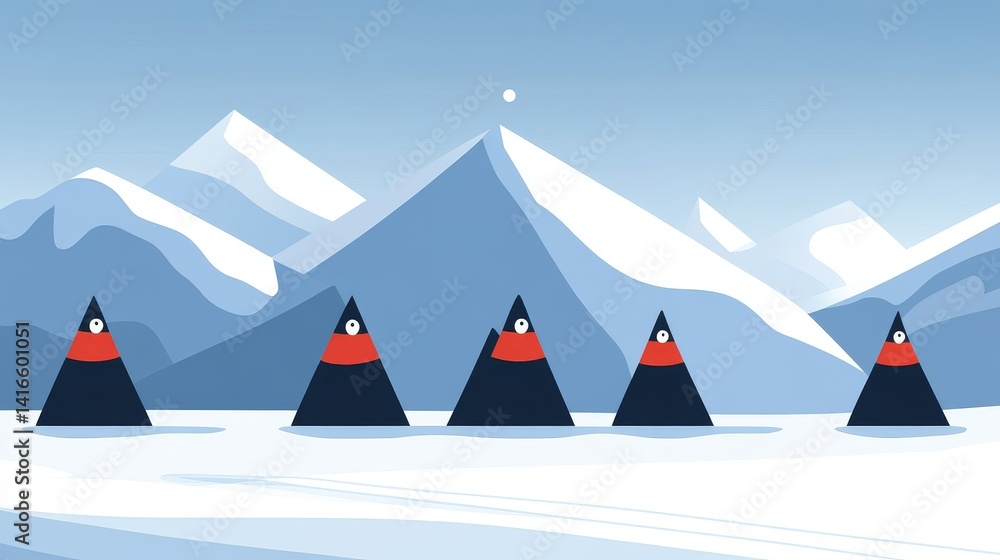Poster pixelated winter landscape with snowy mountains and dark triangular forms creating a serene and mini
