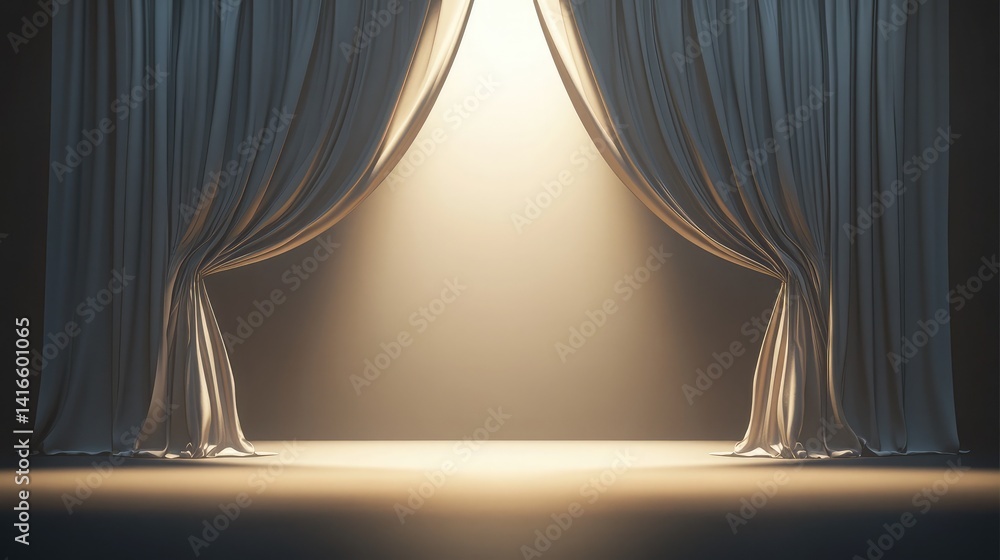 Poster empty stage with taupe curtains, dramatic lighting creating a soft gradient