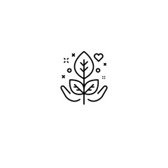 Hand holding a sprouting plant with heart symbols  