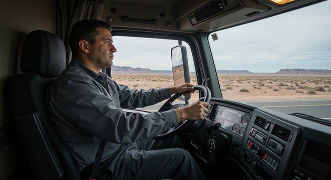 Truck driver focused on the road against a desert landscape  