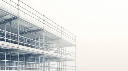 Obraz premium Steel scaffolding structure under construction in a foggy urban environment during early morning light hours