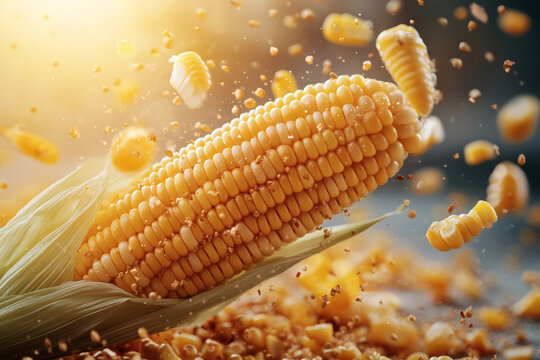 Fresh corn on the cob with grains flying away on a contrasting background