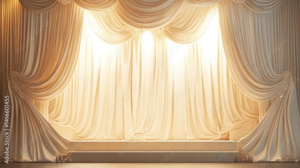 Poster frontal view of a neutral-tone curtained stage with minimalistic lighting setup