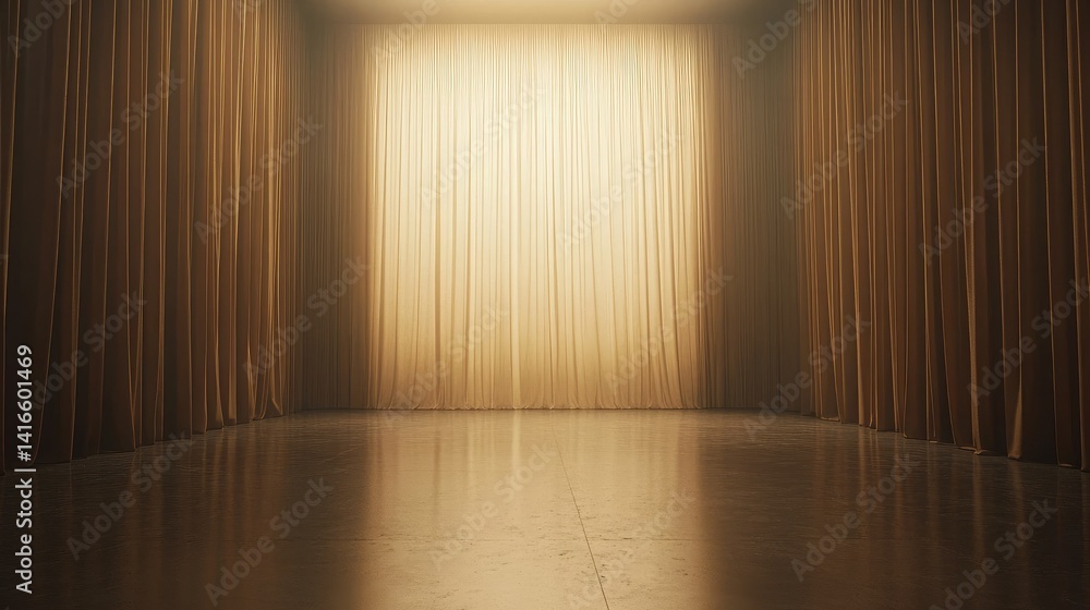 Aufkleber frontal view of a neutral-tone curtained stage with minimalistic lighting setup